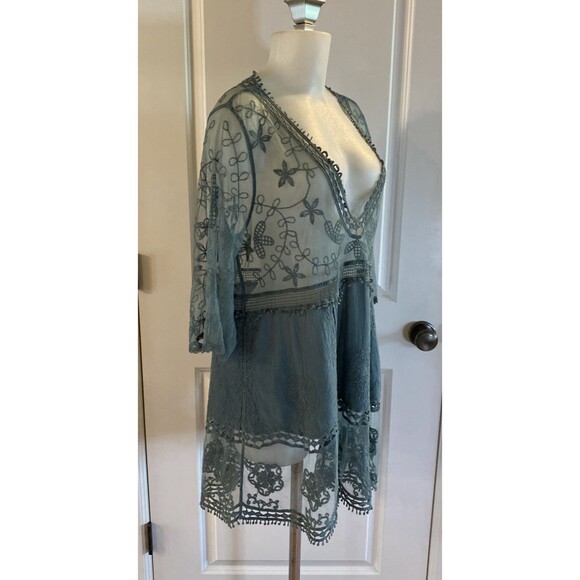 Womens Green Lace Swimsuit Coverup Embroidered V-Neck Eomenie One Size Dress Top - Picture 5 of 12